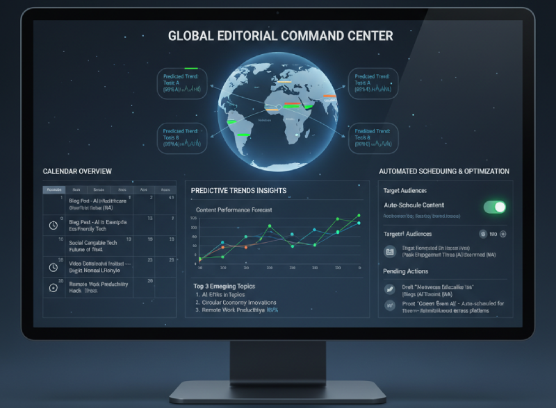 AI for Content Calendar Automation: Plan, Publish, Predict in 2025 AI dashboard showing a global editorial calendar with predictive trend insights and automated scheduling